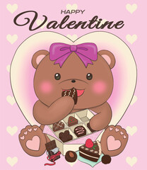 Cute Valentine's Day illustration featuring a teddy bear eating chocolate
