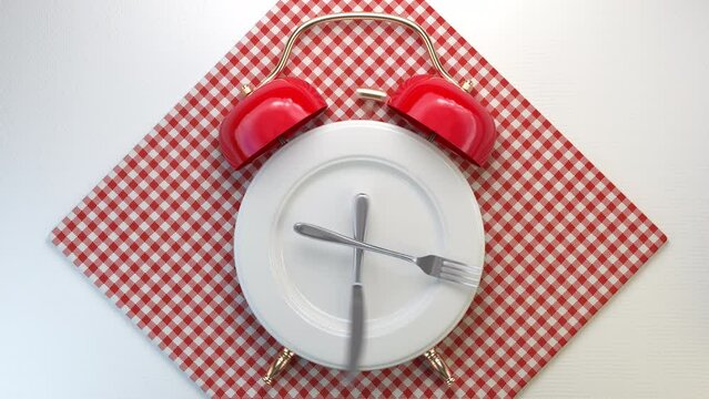 Plate as alarm clock with knife and fork. Time to eat, fasting, diet and weight loss concept.