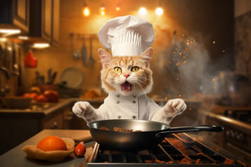 Cat blogger dressed as a chef. The cat looks at the camera and shows how to cook food, blogging concept. AI generated. - obrazy, fototapety, plakaty