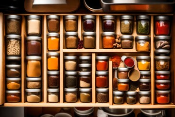 A well-organized spice drawer with neatly labeled containers, creating a visual feast for a chef.