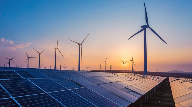 Hybrid Renewable Energy Farm with Solar Panels and Wind Turbines at Sunset for Net Zero Sustainability