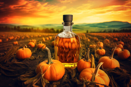 Beautiful glass bottle of pumpkin oil with orange and green pumpkins are standing on ground in field