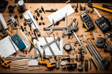An overhead shot of a well-lit workshop table covered with precision measuring tools like calipers, rulers, and micrometers.