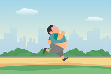 Fat man running in the city park to lose weight. Vector illustration.