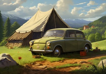 car and tent, nature hike in the mountains, travel tourism concept, digital art, anime style - obrazy, fototapety, plakaty