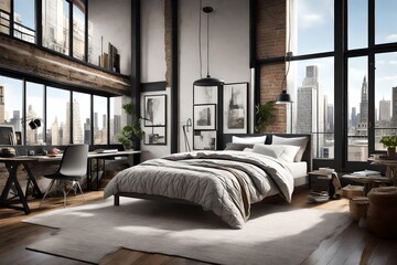 A loft apartment with city views, showcasing a bed dressed in urban-chic sheets.