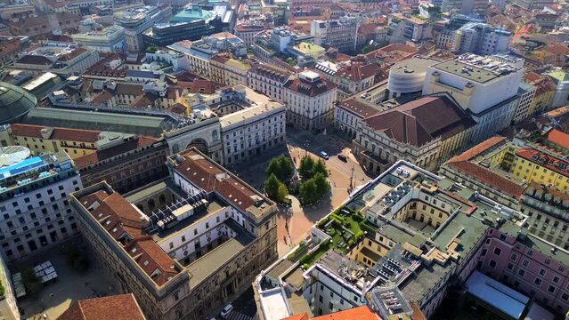 Aerial view of the Old Square with a monument to the artist and inventor Leonardo da Vinci next to the La Scala opera house theatre. Vittorio Emmanuele gallery in Milan Italy 2024