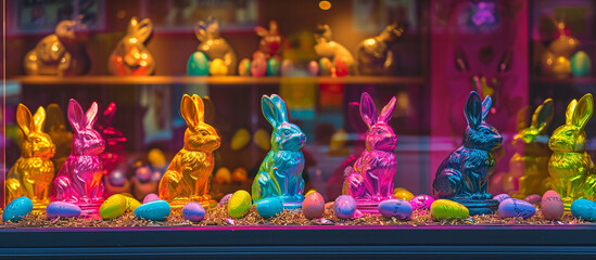 The pastry shop window is decorated for Easter with multi-colored bunnies and Easter eggs. - obrazy, fototapety, plakaty