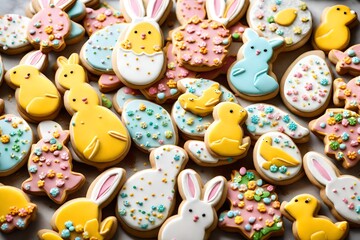 Fototapeta na wymiar A close-up of a stack of beautifully decorated Easter cookies in the shape of spring animals.