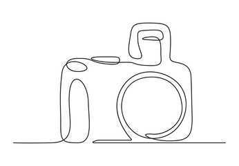 Obraz premium Digital camera continuous one line drawing. Isolated on white background vector illustration. Premium vector.