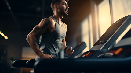 Sportsman runner running on treadmill in fitness club