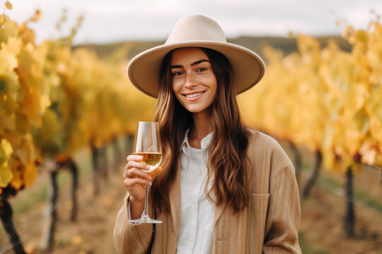 Young beautiful woman with glass of white wine smiles