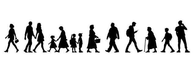 vector illustration. silhouettes of people walking along the street. Large set of characters of different ages.