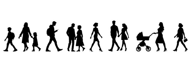 vector illustration. silhouettes of people walking along the street. Large set of characters of different ages.