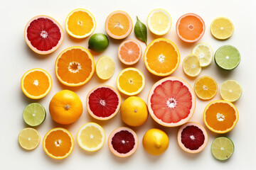 Bright fresh pattern of different types of citrus pieces. Grapefruit, orange, lime, lemon, pomelo and leaf on a white background. Generative AI.