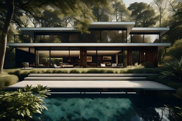 Fototapeta premium A mid-century modern house with floor-to-ceiling windows, blending seamlessly with nature.