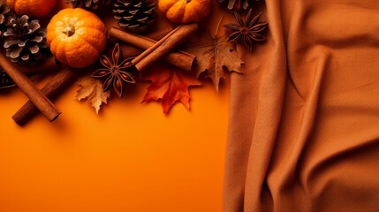 Capturing the Warmth of Autumn: Cozy Still Life with Mini Pumpkins, Golden Leaves, and Cinnamon Sticks on an Orange Backdrop