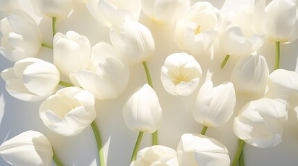 White tulips on a white background, sunny spring light background with flowers.