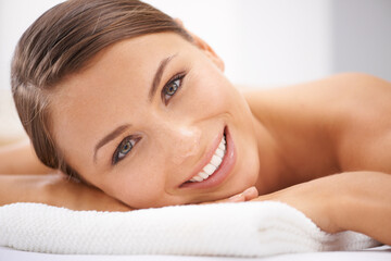 Obraz na płótnie Canvas Relax, smile and portrait of woman at spa with body massage for health, wellness and self care. Happy, natural and female person with calm, peaceful and serene skin therapy treatment at beauty salon.