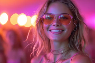 Stoff pro Meter Happy young blonde woman dancing at a nightclub party, disco girl having fun at a music festival © staras