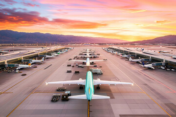 Aerial view of airplanes at airport gates during sunset, highlighting the busy travel and aviation...