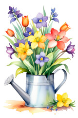 Composition with watering can and spring flowers on white background.
