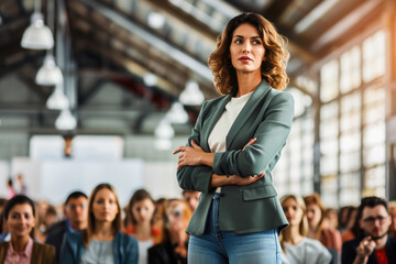 Confident businesswoman standing before an audience during a seminar, embodying empowerment and leadership.