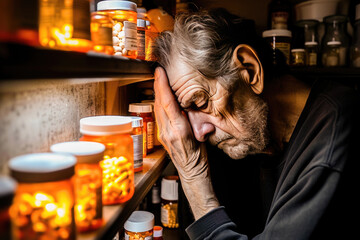 An elderly man looking stressed and overwhelmed with a large number of medicine bottles on the shelf. - obrazy, fototapety, plakaty