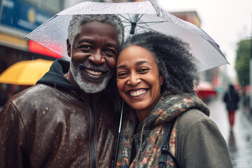 Married couple of elderly African Americans under one umbrella in autumn rain