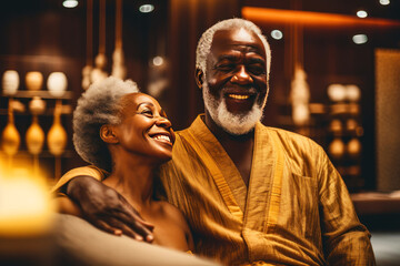Happy black mature married couple in white bathrobes in spa salon. Elderly beautiful woman hugs her...