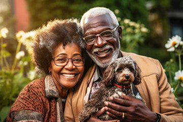 An elderly married black couple is sitting on a wicker bench in the garden with a dog