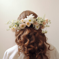 Naklejka premium Woman Flowers in her Hair, pink, white and minimal