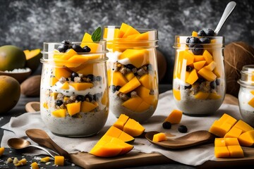 A tempting capture of a mango coconut chia pudding parfait, layered with ripe mango chunks, coconut yogurt, and chia seeds.