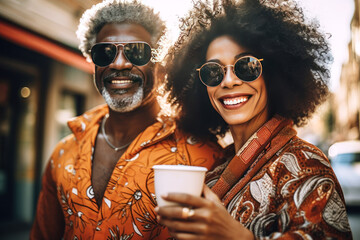 Obraz premium Couple of African nationality stands and smiles on a city street