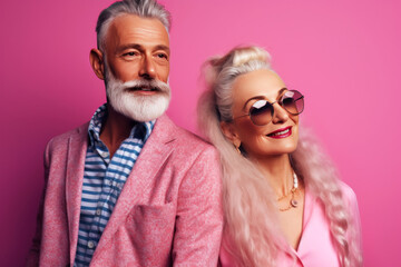 Stylish mature married couple in sunglasses and fashionable pink clothe