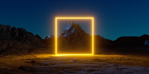 3d render. Abstract background. Yellow neon square glowing over the futuristic landscape. Rocky mountain under the night sky. Fantastic extraterrestrial scenery. Virtual reality environment
