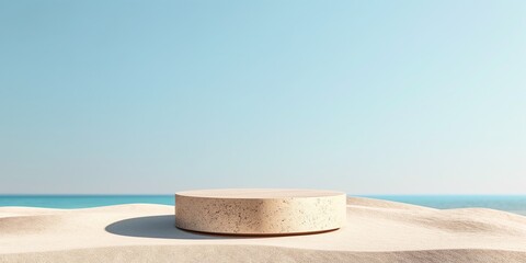 A beige stone textured podium in round-shaped displayed on the sand. Blue sky background