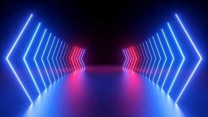 3d render, abstract futuristic background of neon arrows glowing in the dark. Energy concept. Blue red gradient, ultraviolet light. Modern minimalist technological wallpaper - obrazy, fototapety, plakaty