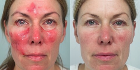 Before and after laser treatment of rosacea.