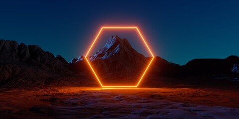 3d render. Abstract fantastic background. Red glowing neon hexagonal frame. Futuristic landscape of rocky mountain under the night sky. Extraterrestrial scenery. Virtual reality environment - obrazy, fototapety, plakaty