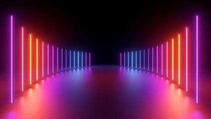 3d render, abstract geometric background. Vertical neon lines glowing in the dark. Empty stage. Blue red gradient, ultraviolet light. Modern minimalist technology wallpaper