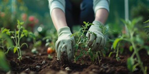 Fototapeta premium A woman in green gloves plants a tomato bush in the ground in a greenhouse.