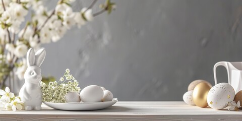Easter table with easter eggs and spring flowers and and a porcelain white figurine of a rabbit