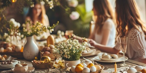 happy family celebrates easter at the table
