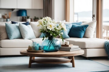 Coastal interior home design of modern living room with flower vase on the table and white sofa with blue pillows