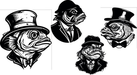 Fish In A Suit Ready For Business, anthropomorphic fish,  animals logo style, great set collection clip art Silhouette , Black vector illustration on white background eps. - obrazy, fototapety, plakaty
