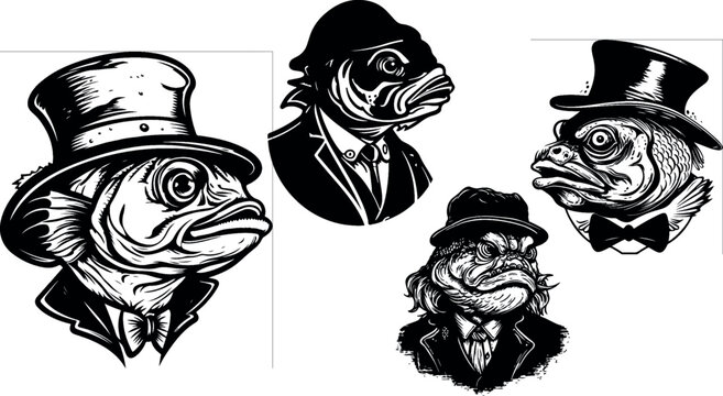 Fish In A Suit Ready For Business, anthropomorphic fish,  animals logo style, great set collection clip art Silhouette , Black vector illustration on white background eps.
