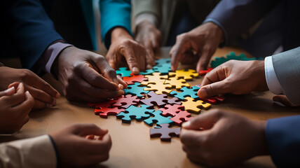 Business people join puzzle pieces in office. Concept of teamwork and partnership