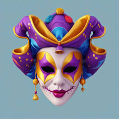A close up of a clown mask on a blue background, Mardi Gras mask.