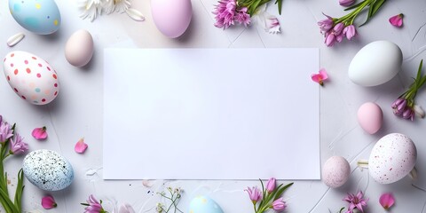 top view Colorful easter eggs and spring flowers - obrazy, fototapety, plakaty